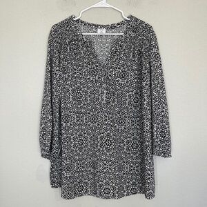 Croft & Barrow Women's Blouse Plus Size 2X Black & White Floral 3/4 Sleeve